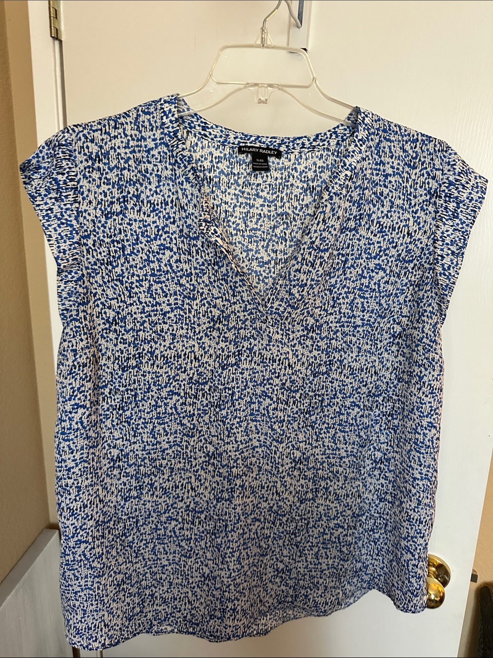 Hilary Radley Blue and White V-Neck Cap Sleeve Blouse